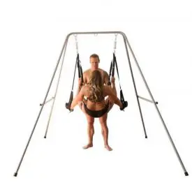 Screamer swing stand with a couple using a dual hook swing